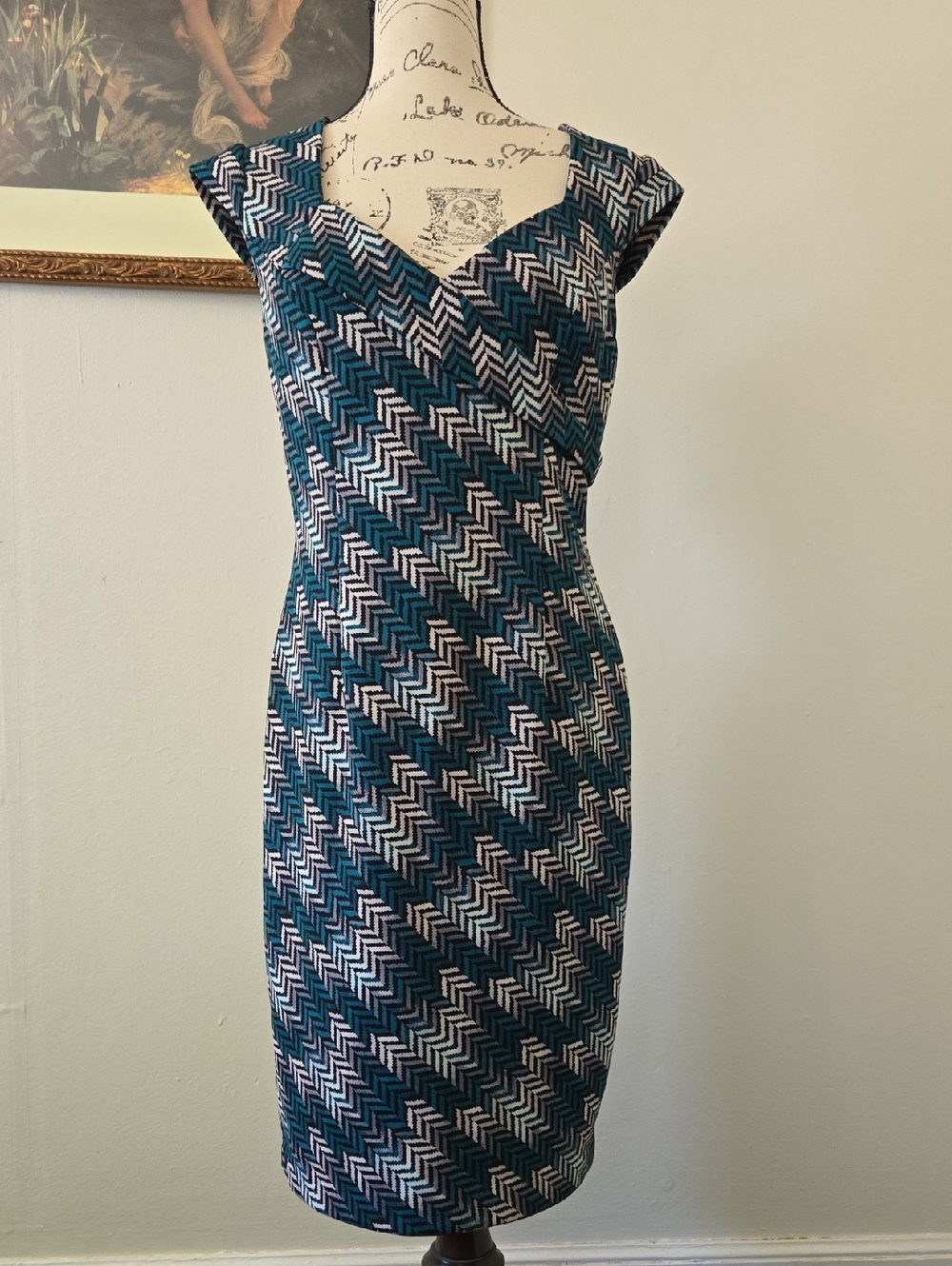 White House Black Market Teal, Black & White Chevron Midi Dress